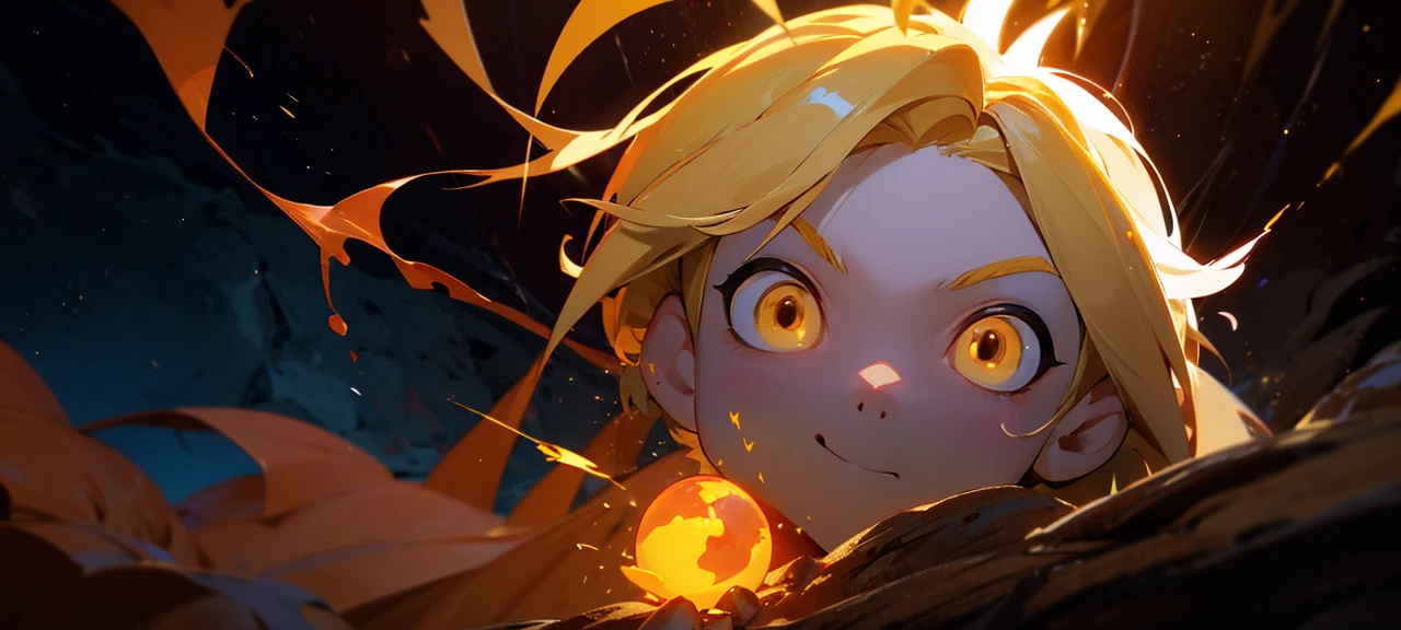 A sand character is facing the camera with yellow hair and fireballs surrounding him and then the background is in a cave and inside the cave there is a yellow light coming out and light hitting his head, his face is in the middle of the ball, his body has a small wound and lightning runs around him to his head.