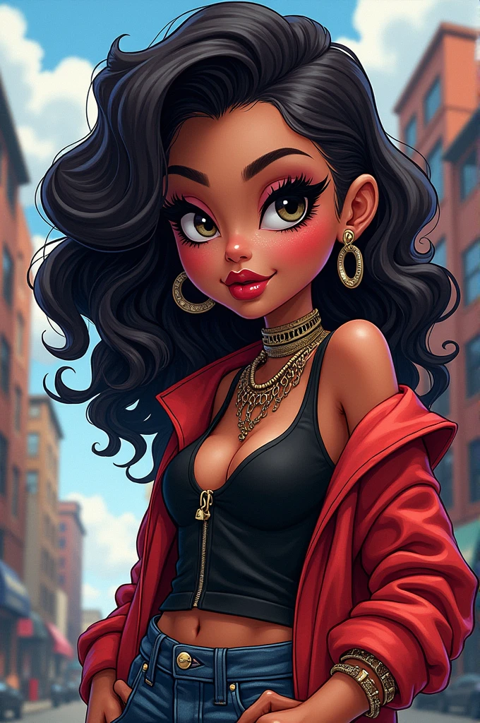 Black bratz character with curly hair down to her neck
