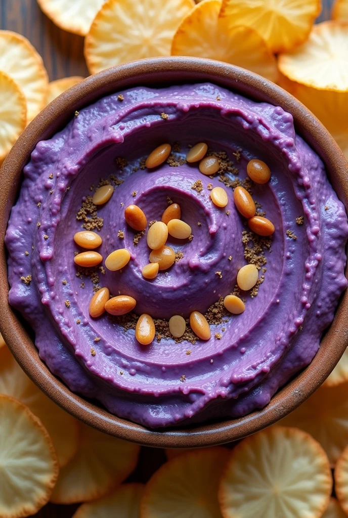 I need a purple hummus with potato chips around it and nuts on top of the hummus "sketch"