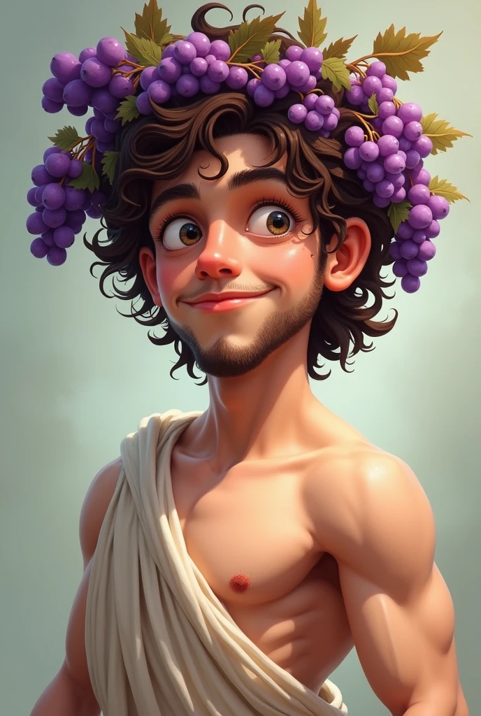 Caricature of the God of wine, Dionysus, with a thin face, beardless, white skin, thin but muscular, curly brown hair, with a crown of purple grape leaves, with an attractive pose in a tunic and bare chest.