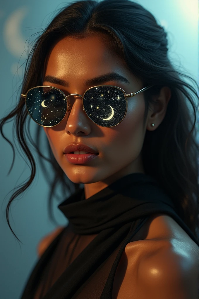 The indian model is western dress is wearing glass sunglasses with stars and the moon on the glass