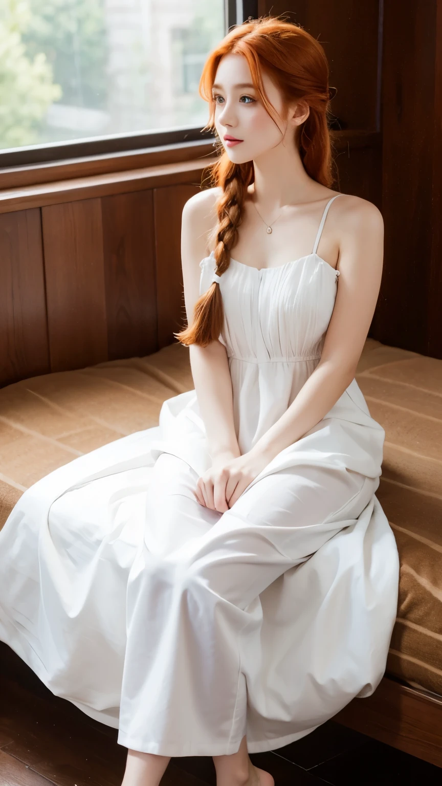 beautiful ginger girl with braided hair. wearing white satin dress