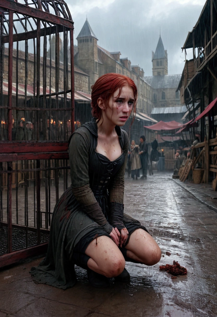 Severus Snape's daughter, (in_cage:1.3), 1girl, rags, full body, streaming tears, black eyes , short red hair, bustling medieval market, kneeling, looking at viewer, (outdoor:1.3), rain, dark, 6+boys, market stall, obbstructed face, masterpiece,