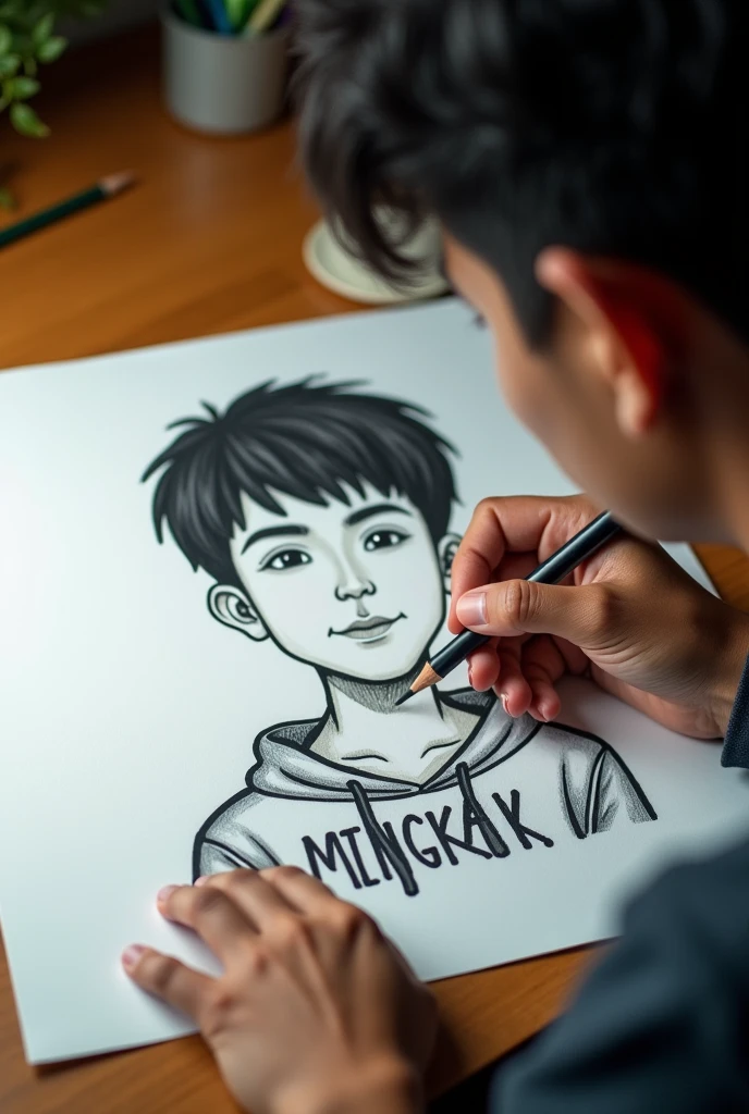 A 25 year old handsome and cute Indonesian boy realistically draws a blank paper lying on the table, the paper is white. on the paper there is a picture of a boy wearing a hoodie, there is the name "MINGKAK" written on the hoodie. Beside the paper is a hand holding a pencil.. Ultra realistic images, very beautiful photo, from hyperrealistic photo.