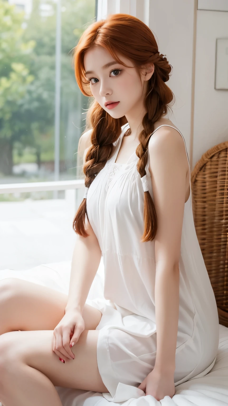 beautiful ginger girl with braided hair. wearing white satin dress