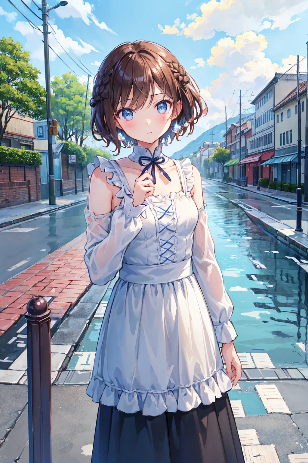 Tabletop, Highest quality,figure, wallpaper, Super detailed, Absurd, One Girl, alone, (Brown Hair，Medium Short Hair、Short braided hair), Beautiful attention to detail, Rainfall、Water droplets fall、Wet your hair , Look to the side, (street:1.5), The sky is bright，Summer sky、Bright landscape，((Highest quality)), (Very detailed), (高精細CG合成8Kwallpaper), 高いly detailed,  高い-definition raw colbor photos, Professional photography,  Written boundary depth,Small breasts，Flat chest