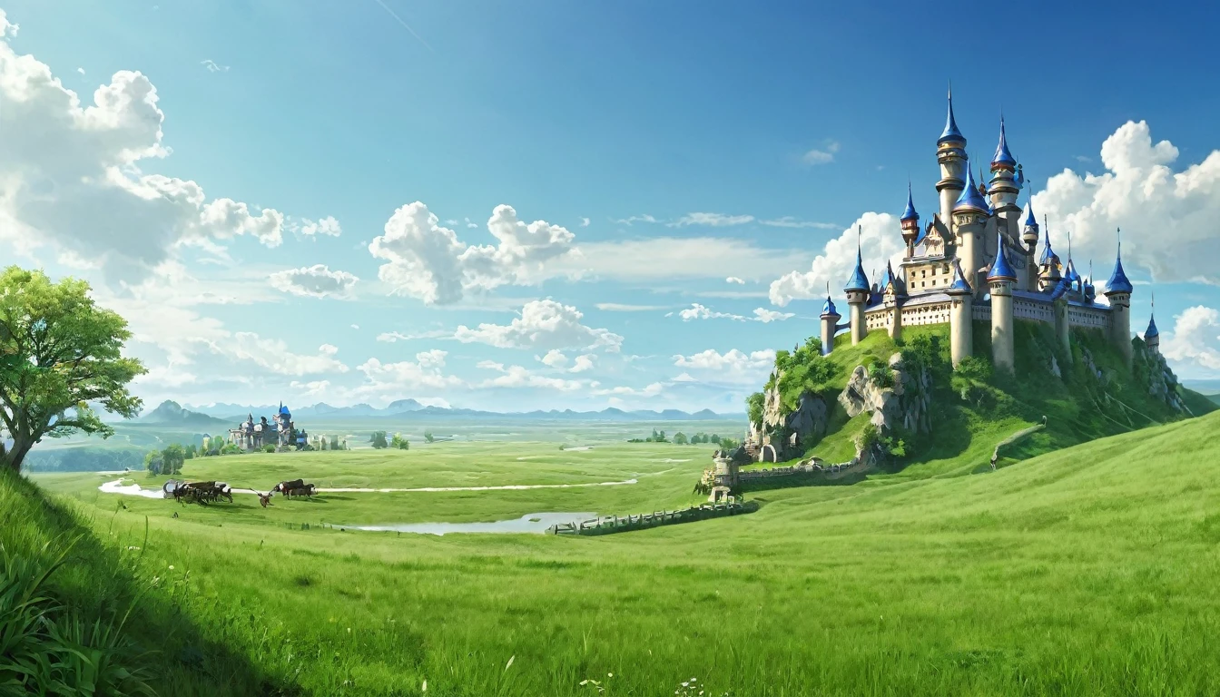 Fantasy, grassland, There is a large Western-style castle in the far right.