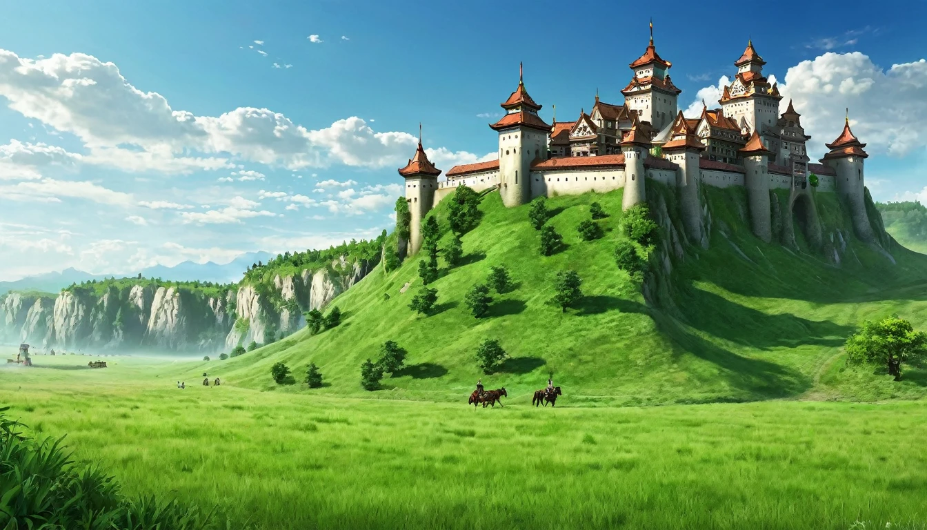 Fantasy, grassland, There is a large Western-style castle in the far right.