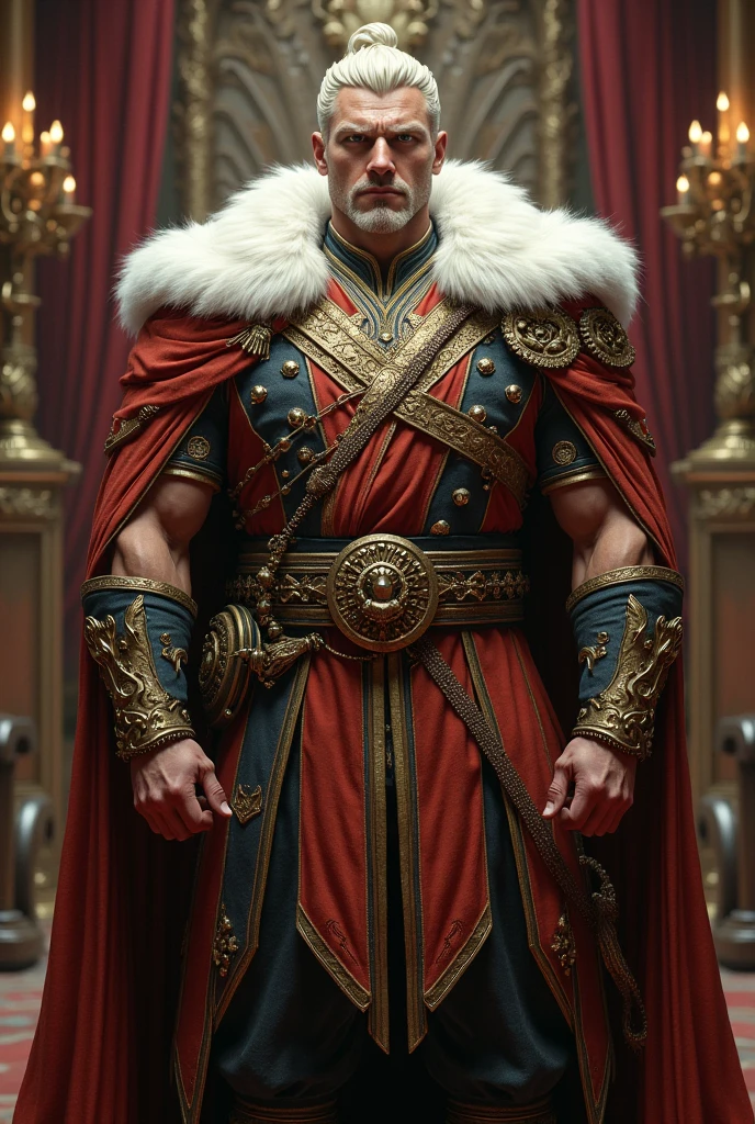 A burly man with platinum hair and grey eyes dressed like a prince