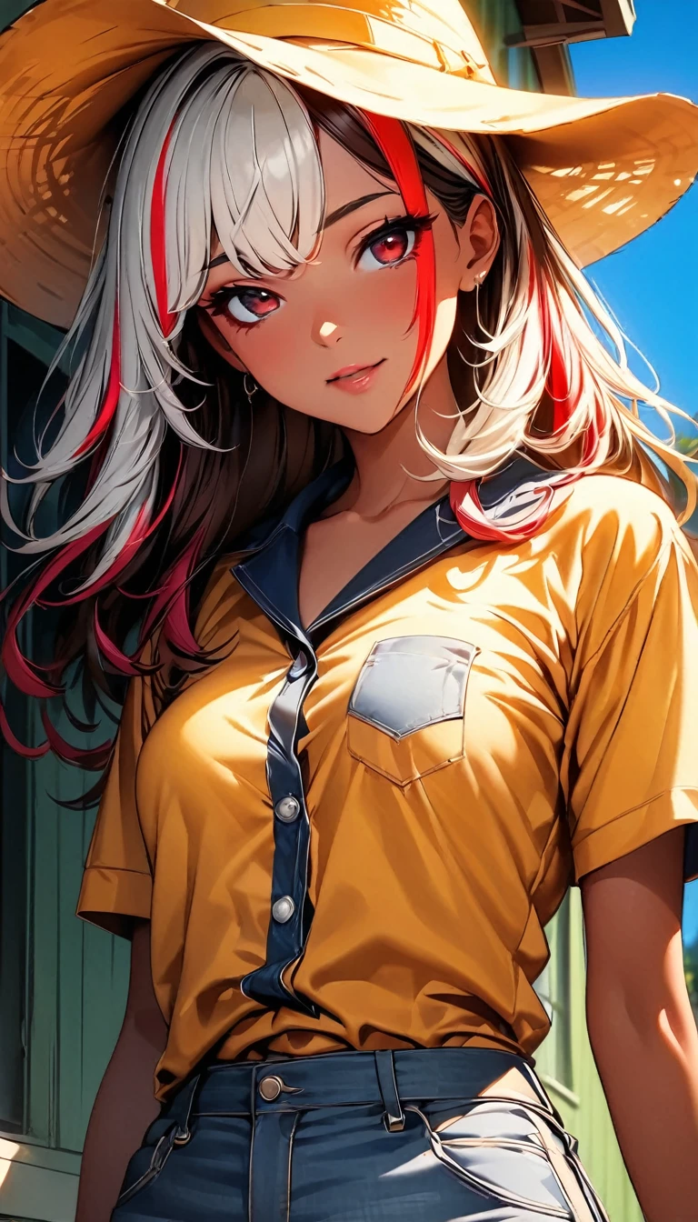 (highest quality:1.2, Very detailed, up to date, Vibrant, Ultra-high resolution, High Contrast, masterpiece:1.2, highest quality, Best aesthetics), Portraiture、girl、singer, solo, ((25-years-old:1)), Bright colors, Beautiful fine details、Beautiful lip detail、medium wave hair、red and white ((streaked hair:1.6)), highlights hair: 1.5, red eyes, slim body, medium breast, (tan skin:1.1), (Floral Fineline tattoo design on left arm:1), ((sexy cowgirl:1.5)), (yellow cowboy hat:1.5), short sleeve plaid shirt, jeans, farm house, blue sky, (cowboy shot:1.5),