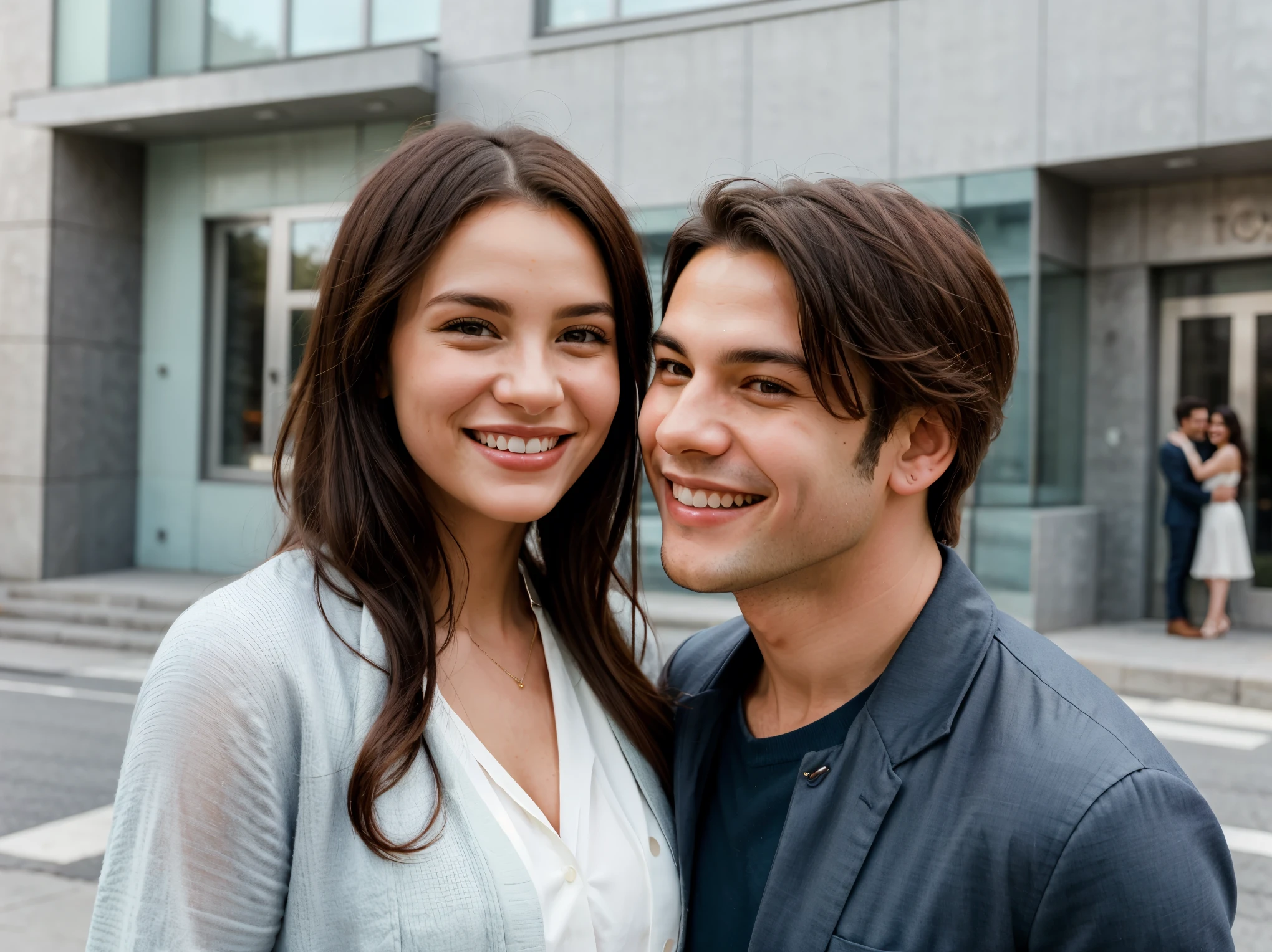 they are a couple posing for a picture outside of a building, smiling couple, portrait shot, handsome face and beautiful face, happy couple, close - shot, charming smile, by Emma Andijewska, smiling at each other, couple pose, stock photo, by Juan O'Gorman, by Matija Jama, shutterstock, profile shot, by Jakob Gauermann
