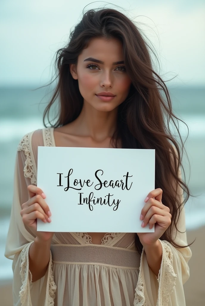 Beautiful girl with wavy long hair, bohemian dress, holding a white board with text "I Love Seaart Infinity" and showing it to the viewer