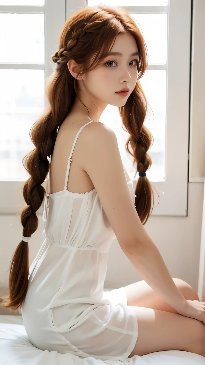 beautiful ginger girl with braided hair. wearing white satin dress