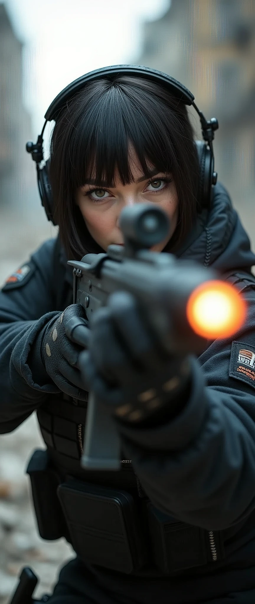 (masterpiece),(Highest quality),(Ultra-high resolution),(Super detailed),(Photorealistic),(One Woman),(Serious:2.0),Short Bob,Beautiful Eyes,Long eyelashes,Beautiful Hair,Beautiful Skin,strict,whole body,break(aim at something with an automatic rifle),(Firing an automatic rifle),(Muzzle Flash:2.0),SWAT Uniforms,Black bulletproof vest, Combat Boots, Black Tactical Forster,Tactical Headset,Tactical Helmet,(The background is the rubble of ruins),(((Background Blur))),(hand)