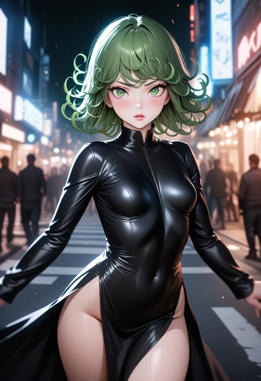 photograph, 8k, Complex, elegant, Very detailed, Majestic, digital photographgraphy, (masterpiece, Beautiful, detailed eyes:1.2), High resolution, Realistic, High resolution, (Highest quality, masterpiece:1.2), Super detailed, (anime) One girl, Tatsumaki \(One Punch Man\), Green Eyes, Curly Hair, Green Hair, bangs, blush, Inverted hair, short hair, Small breasts, Thighs, lips, Black Dress, Are standing, (View your viewers), (Front view), street, throw,