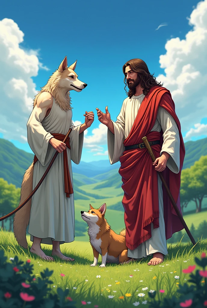 Draw Fedelobo next to Jesus of Nazareth and a little dog, in anime style 