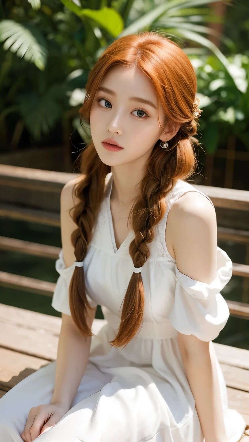 beautiful ginger girl with braided hair. wearing white satin dress