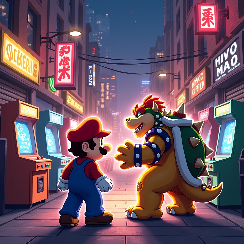 Mario fighting bowser on a arcade stor from label Só 1 Ficha
