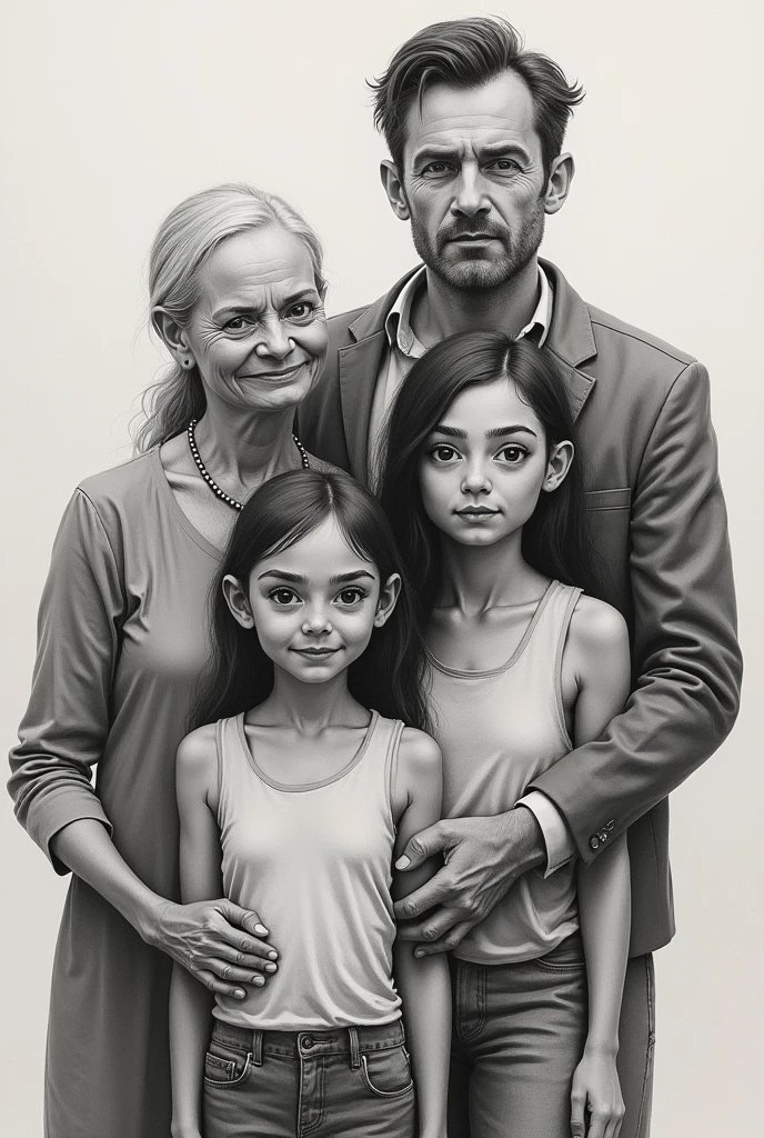 Drawing of Photo of a happy family, bald mother, smoking father, age daughter, unsmiling adult son