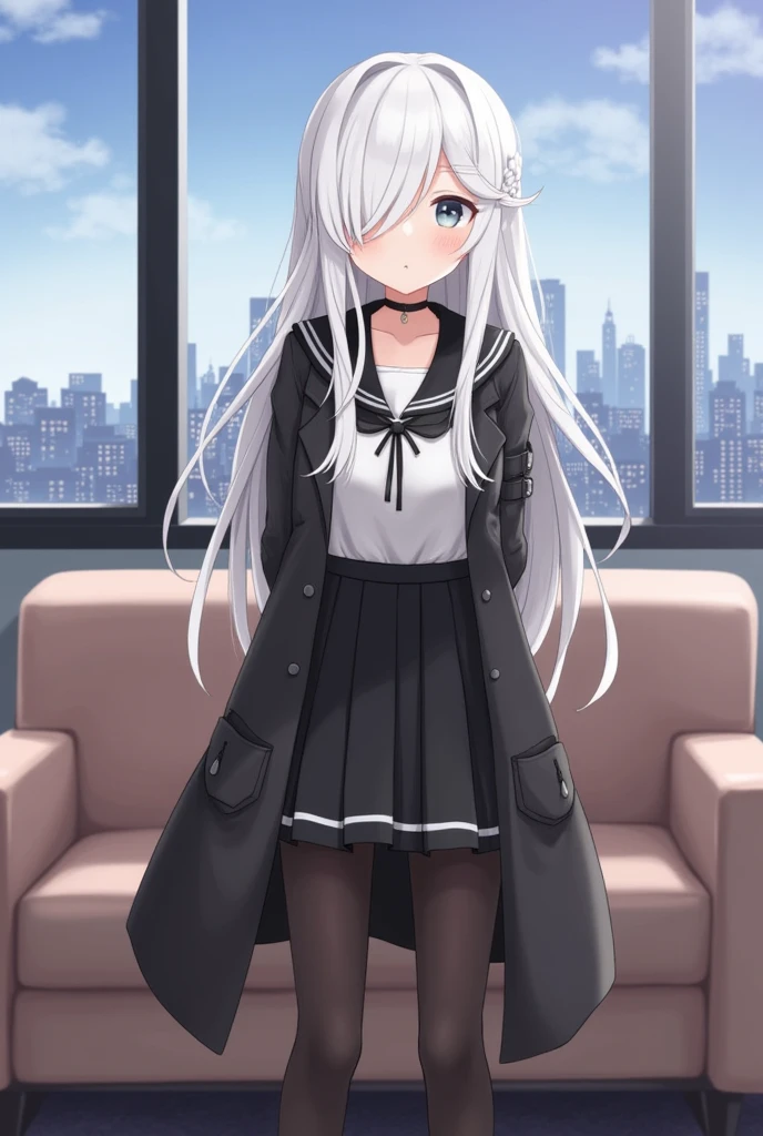 city background, arms behind the back, 1 girl, standing alone, areola, pantyhose, long hair, overskirt, Braid, hair over one eye, hair elastic, tissue, choker, White hair, standing, sailor collar, schoolar uniform, black choker, long sleeves, looking ahead at viewer, black hair elastic, chemise, black pantyhose, pleated overskirt, black overskirt, clothes open, bangss, black seraph, cloused mouth, black chemise, clavicle, black sailor collar, white tissue, sofa, single Braid, trench coat, grey-eyed, hair cinta, black trench coat, cinta, open trench coat, white chemise, side Braid