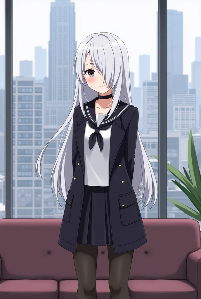 city background, arms behind the back, 1 girl, standing alone, areola, pantyhose, long hair, overskirt, Braid, hair over one eye, hair elastic, tissue, choker, White hair, standing, sailor collar, schoolar uniform, black choker, long sleeves, looking ahead at viewer, black hair elastic,  chemise, black pantyhose, pleated overskirt, black overskirt, clothes open, bangss, black seraph, cloused mouth, black chemise, clavicle, black sailor collar, white tissue, sofa, single Braid, trench coat, grey-eyed, hair cinta, black trench coat, cinta, open trench coat, white chemise, side Braid