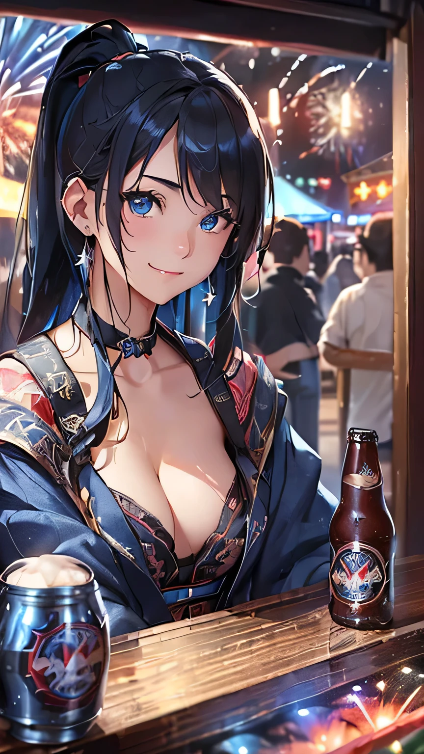 最high quality、Best image quality、masterpiece、With a girl((cute、20-year-old、Best Bust、Medium Bust、Beautiful Blue Eyes、Spread your chest wide,Black Hair、ponytail、Disheveled Hair、thin、Highest Valley、Rough style、smile、Beer を持つ、Drunk)）high quality、Beautiful art、background((night、festival、stall、Fireworks、Beer )),Tabletop、Exquisite design、Visual Arts、Written boundary depth、Best lighting、Highest detail、8ｋ