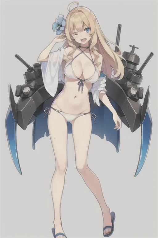 konggo \(warship girls r\),((Best quality))), ((Best quality))), ((Ultra-detailed)), ((illustration)), ((Disheveled hair)), ((frilld)), (1 girl), (Solo),1girl, ;d, bangs, torn bikini, blonde hair, blue eyes, blue flower, blue nails, blush, breasts, cleavage, earrings, eyebrows visible through hair, eyewear on head, flip-flops, front-tie bikini, front-tie top, full body, goggles, halterneck, jewelry, large breasts, long hair, looking at viewer, nail polish, navel, one eye closed, open mouth, sandals, torn shirt, side-tie bikini, smile, solo, standing, torn string bikini, sunglasses, swimsuit, toenail polish, toenails, upper teeth, torn white bikini, torn white shirt, torn