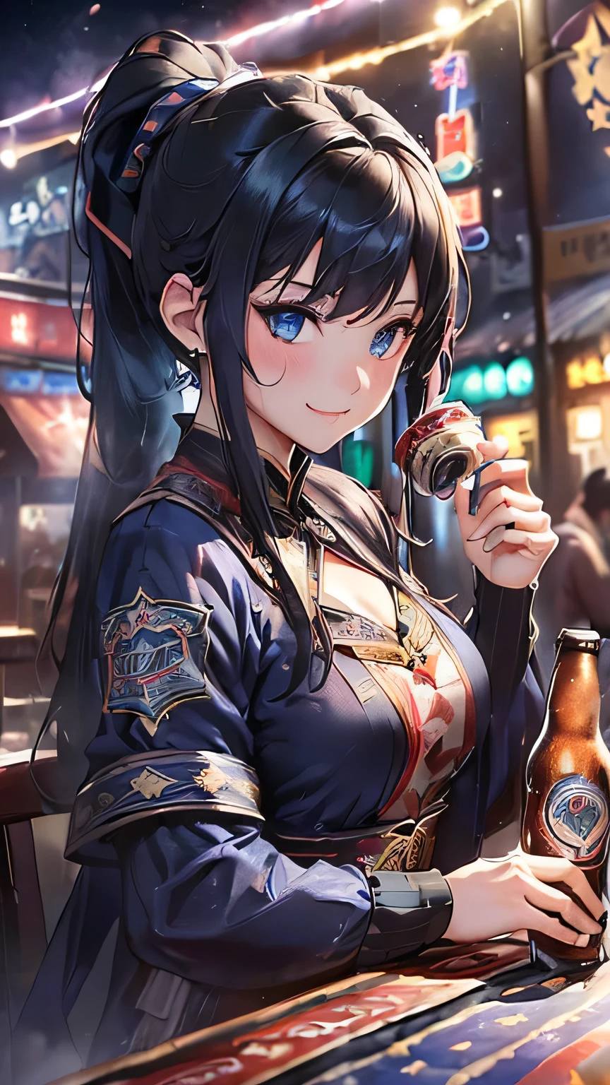 最high quality、Best image quality、masterpiece、With a girl((cute、20-year-old、Best Bust、Medium Bust、Beautiful Blue Eyes、Spread your chest wide,Black Hair、ponytail、Disheveled Hair、thin、Highest Valley、Rough style、smile、Beer を持つ、Drunk)）high quality、Beautiful art、background((night、festival、stall、Fireworks、Beer )),Tabletop、Exquisite design、Visual Arts、Written boundary depth、Best lighting、Highest detail、8ｋ