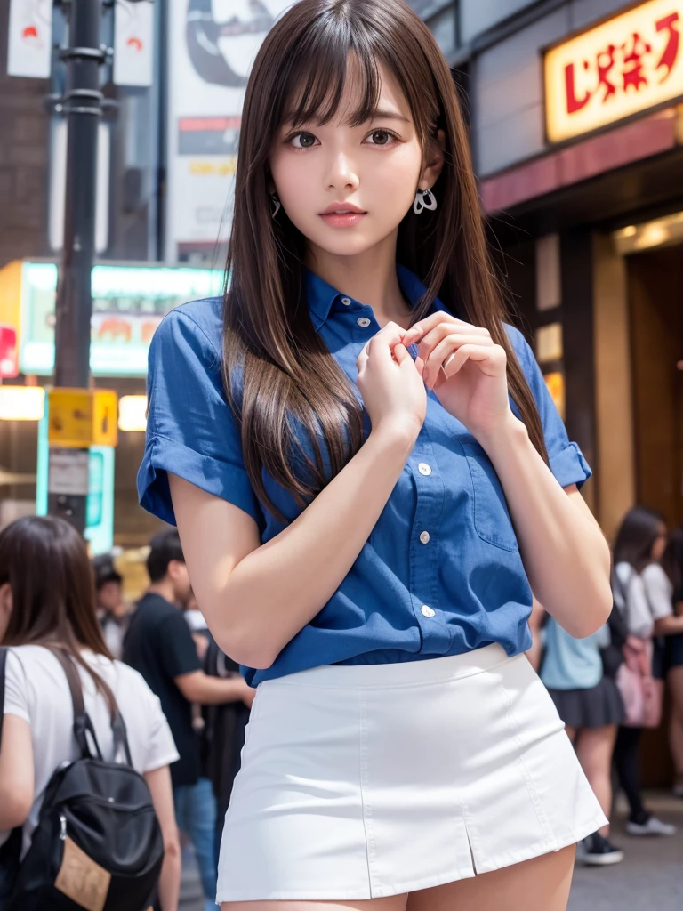 Product quality,1 girl,Cowboy Shot,Front view,(Thigh Emphasis:1.6),Young and sexy Japanese girl,20-year-old,Harajuku,(Crowded street:1.4),Snazzy,((Blue Shirt:1.5)),wear,(Snazzyバッグ:1.3),Fashionable necklaces,Stylish earrings,((White Ultra Short Micro Mini Skirt:1.5)),wear,((Small Head,face:0.4))とてもかわいいface,赤ちゃんのface,Glossy Lips,Double eyelids on both eyes,(Natural Makeup),Small and cute nose,shiny smooth light brown long hair,,,,,Asymmetrical bangs,Center image,8k resolution,Attention to detail,Detailed hairstyle,詳細なface,Cinema Lighting,Octane Rendering,Ultra-realistic,Perfect limbs,(Detailed fingers:1.5),Beautiful legs,Voluptuous thighs,Huge breasts,Perfect Anatomy,(Model sexy pose:1.5)
