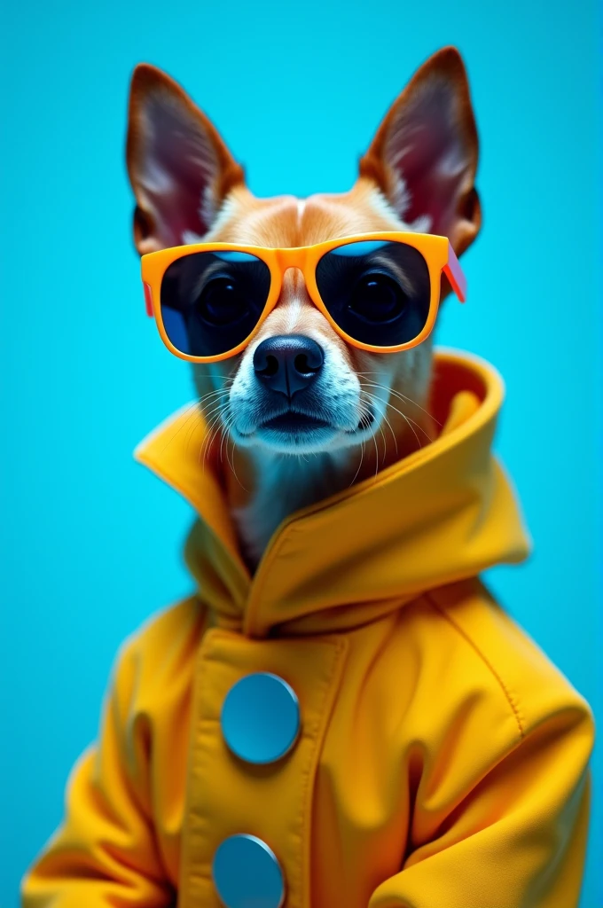 The best cell phone wallpaper, Award-Winning Wallpaper, portrait photography, In the front view is a portrait of a cute dog wearing mid-1960s space age fashion, Side view photo, Shot with Canon EOS R5, Set a strong contrast that accentuates the subject, Fluorescent blue tone, Wearing a very modern coat and sunglasses is a modern 1960s style, Clothes all in one color, beautiful background