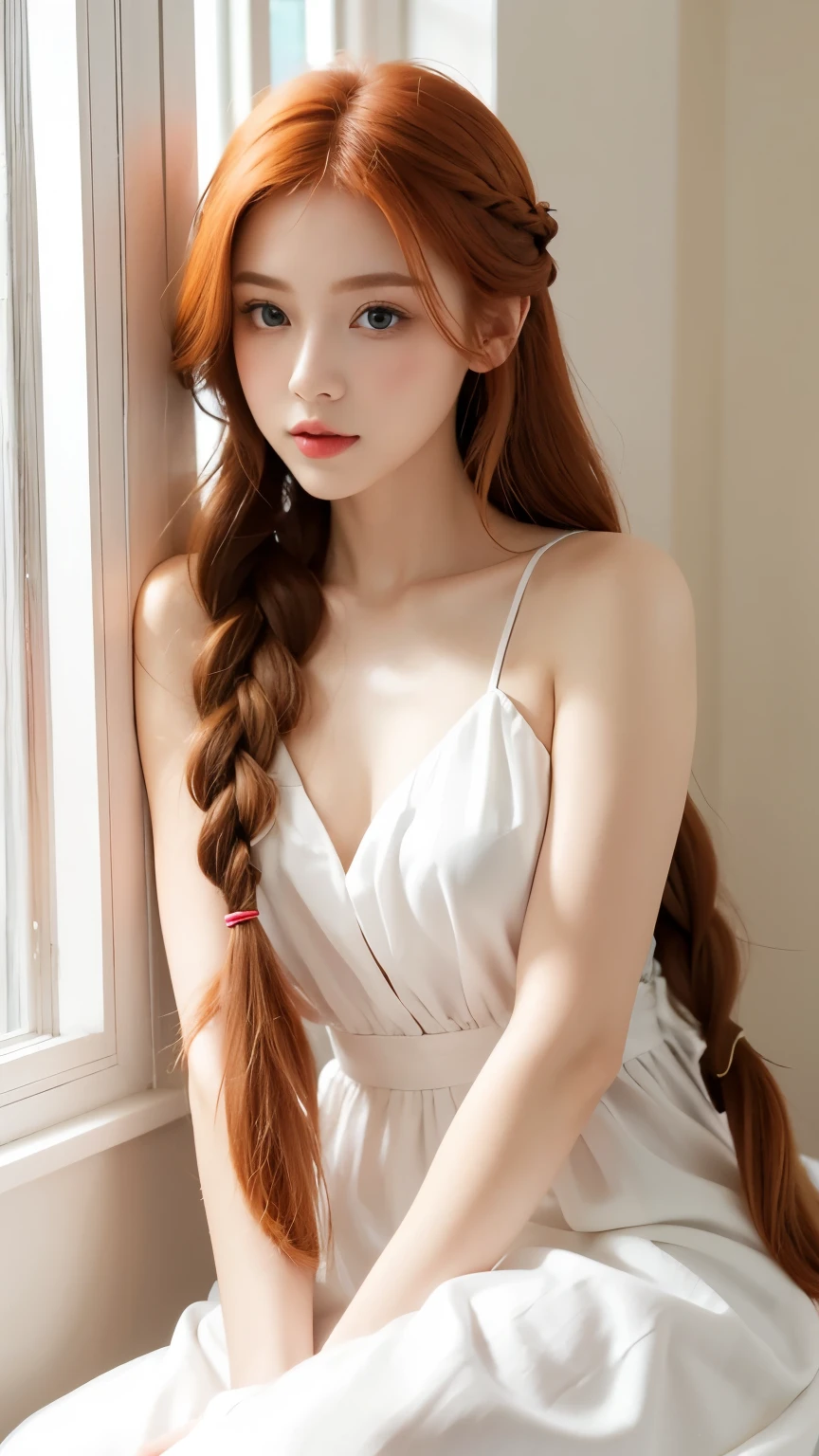 beautiful ginger girl with braided hair. wearing white satin dress