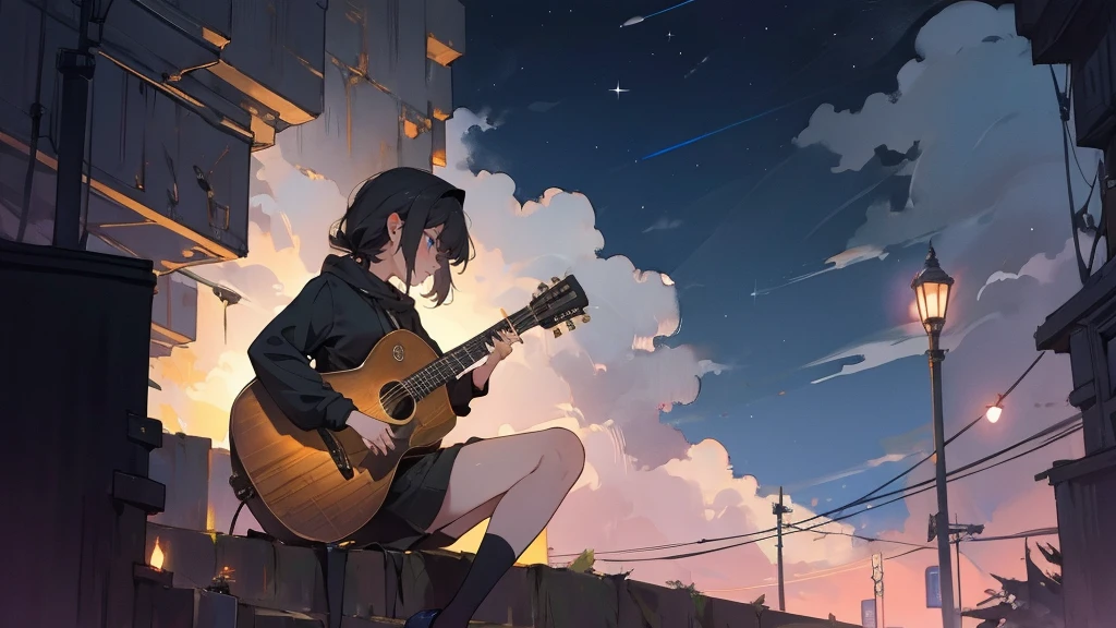 masterpiece,night,(dark alley),star、Night Sky、milky way、octone、
(1. Female), (solo), Knee hugging sitting,acousticguitar