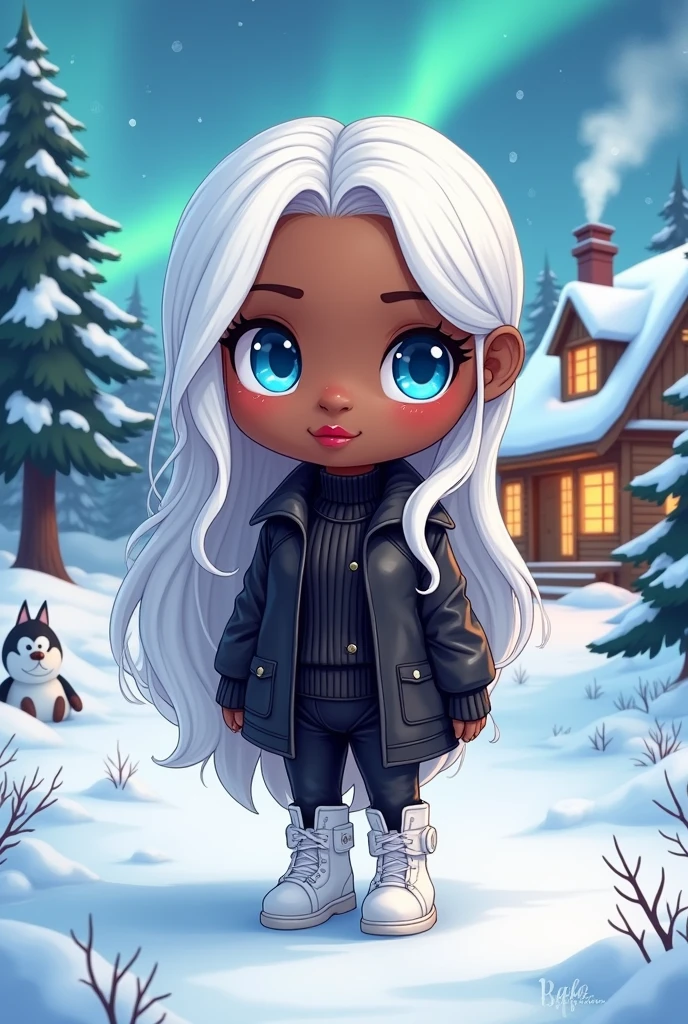Black woman with long white hair in chibi, blue bright eyes,blue bright eyes,blue bright eyes, skin black, black synthetic leather overcoat, black ribbed blouse, black faux leather pants, white boot, pink mouth, red cheek, snowy scenery with ice crystals, snowy scenery with ice crystals, snowman in the background, shining blue eyes, wooden cottage in the background with smoke coming out of the chimney and windows with yellowish light, pine trees ao fundo casa, pine trees, neve, pine trees, neve, others, northern lights, a siberian husky puppy in chibi