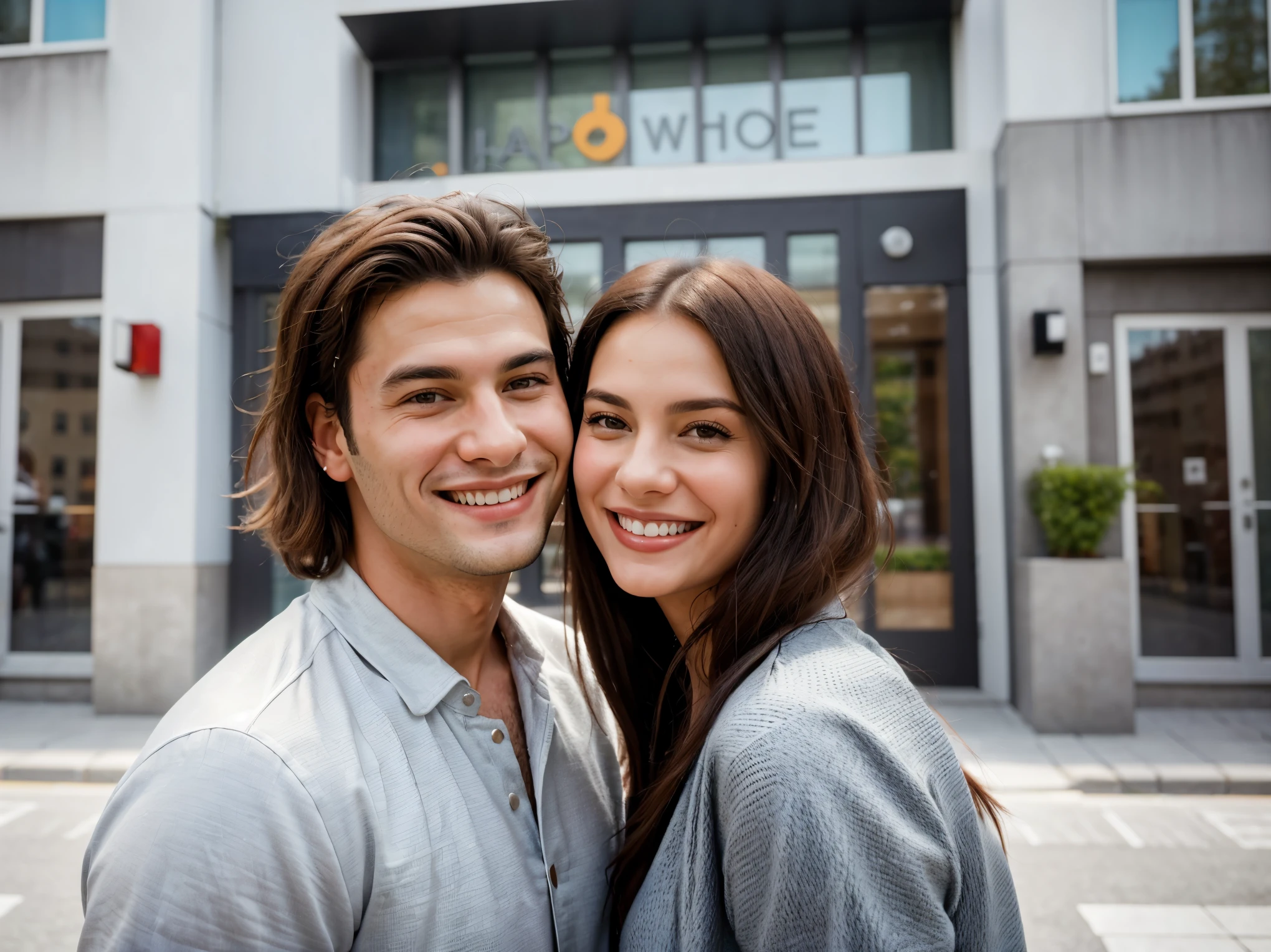 they are a couple posing for a picture outside of a building, smiling couple, portrait shot, handsome face and beautiful face, happy couple, close - shot, charming smile, by Emma Andijewska, smiling at each other, couple pose, stock photo, by Juan O'Gorman, by Matija Jama, shutterstock, profile shot, by Jakob Gauermann