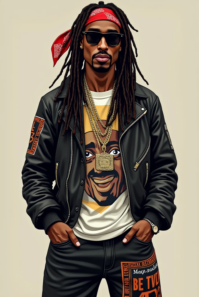 Create an urban character named Zaza Gatti with dreadlocks and a style of dress inspired by rapper Tupac Shakur. Zaza must project a strong sense of style and attitude, with iconic clothing from the Tupac era, like bandanas, t-shirts with eye-catching graphics, leather jackets, and wide pants. The look should include distinctive elements such as gold chains and sunglasses., reflecting a "flow" authentic and a striking presence. The design must capture the essence of rapper Tupac, mixing elegance with a street style.