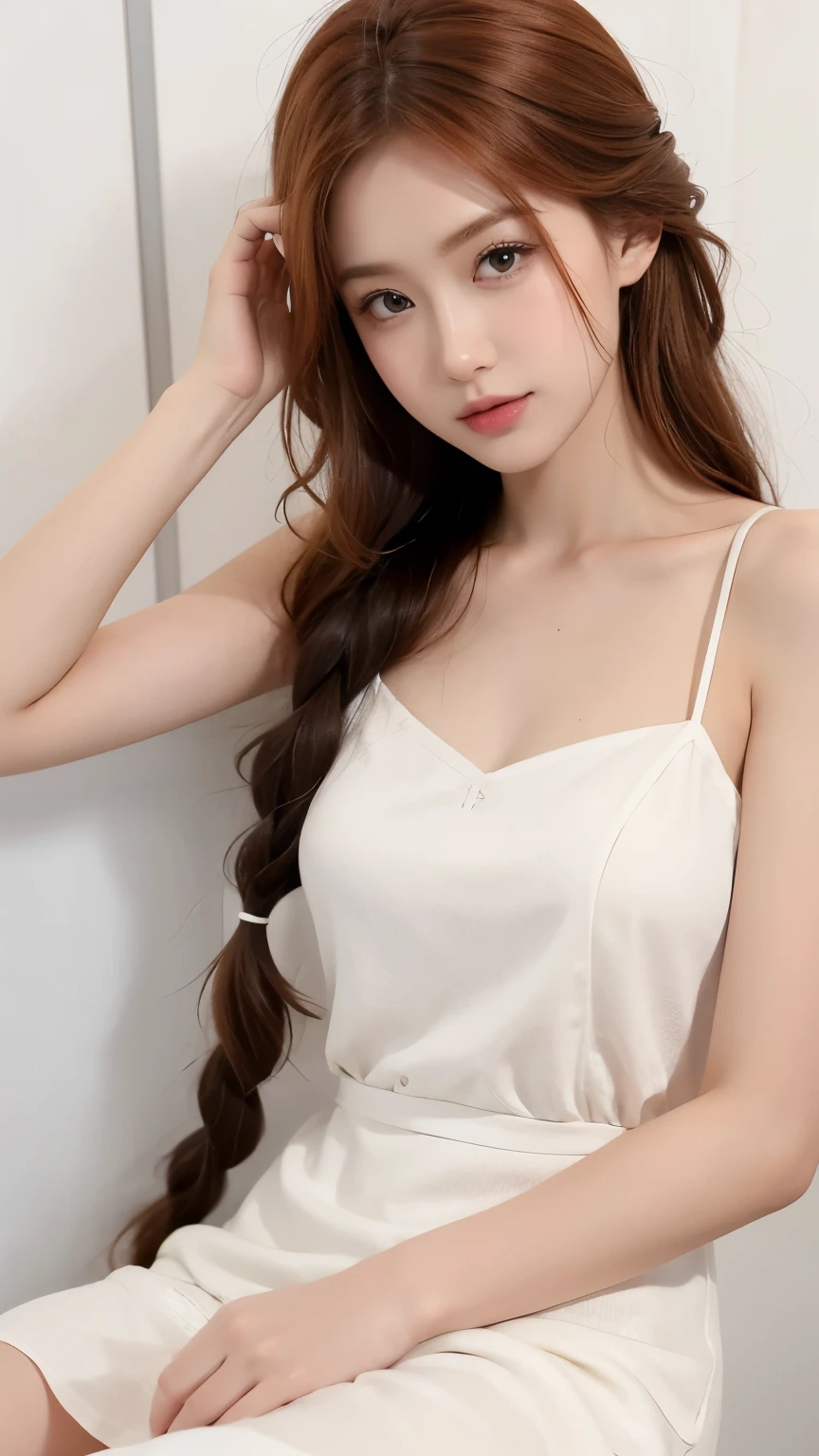 beautiful ginger girl with braided hair. wearing white satin dress