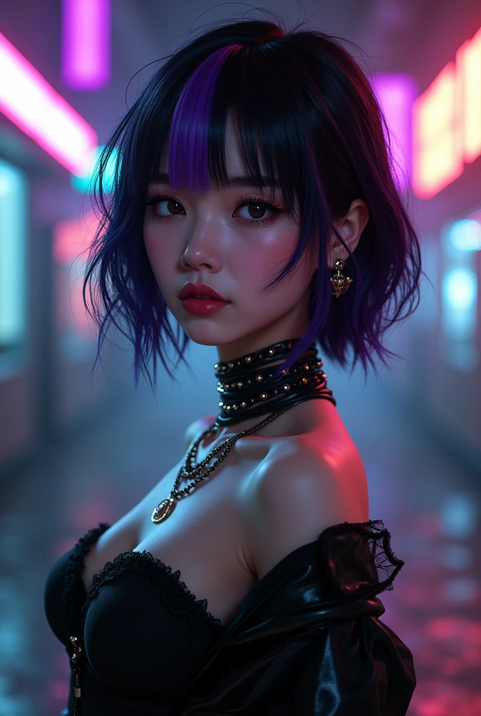 Realistic Kpop girl that has a short hair and purple stripe. Her clothes are goth concept and it includes candy