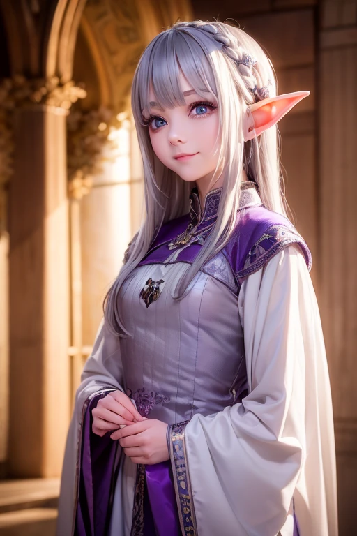 Young Elf Girl, Gray Hair, Purple eyes, Wearing white and purple royal robes, outside a mansion, Day, Realistic lighting, masterpiece, Attention to detail, Detailed eyes, Detailed face, Smiling Kindly, Medieval anime art
