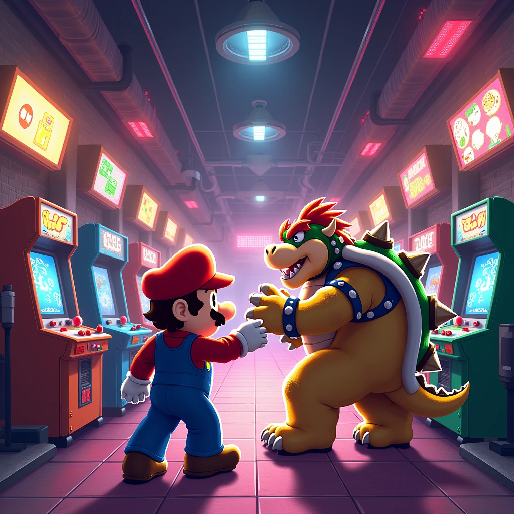Mario fighting bowser on a arcade stor from label Só 1 Ficha