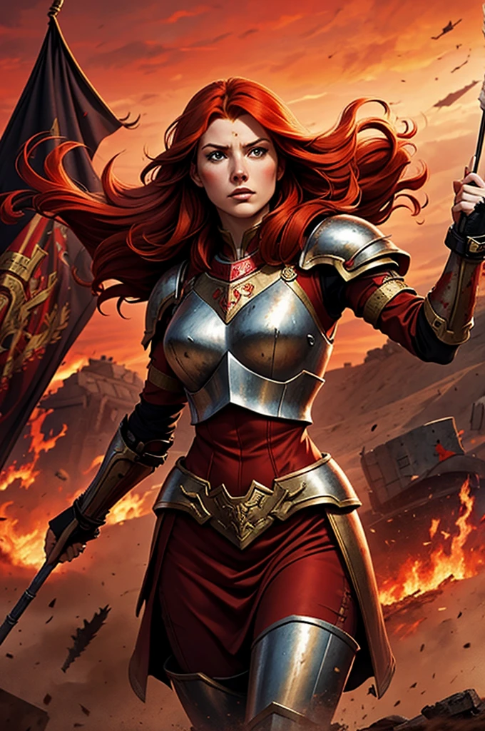 art of a red-haired woman with long, loose hair is on a battlefield, raising a red flag to the sky. She wears metal armor with ornate details., showing signs of recent battles, with marks and scratches.
