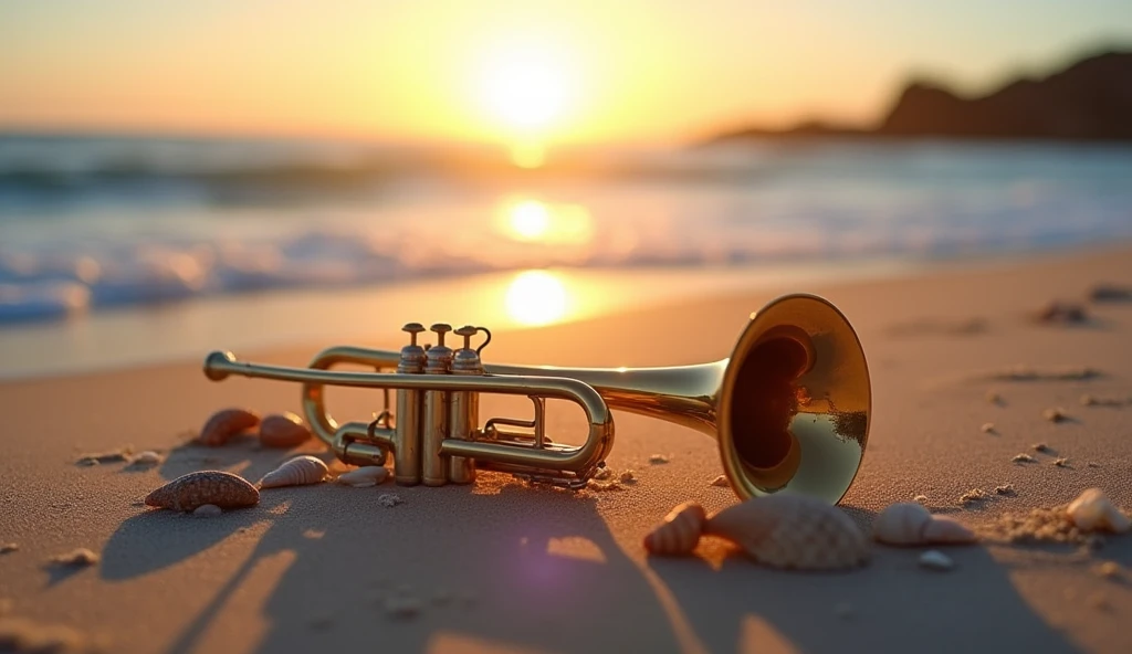 There is a trumpet instrument on the sandy beach.. There are shells and conches on the sandy beach.. There are waves. The sky with sunset.