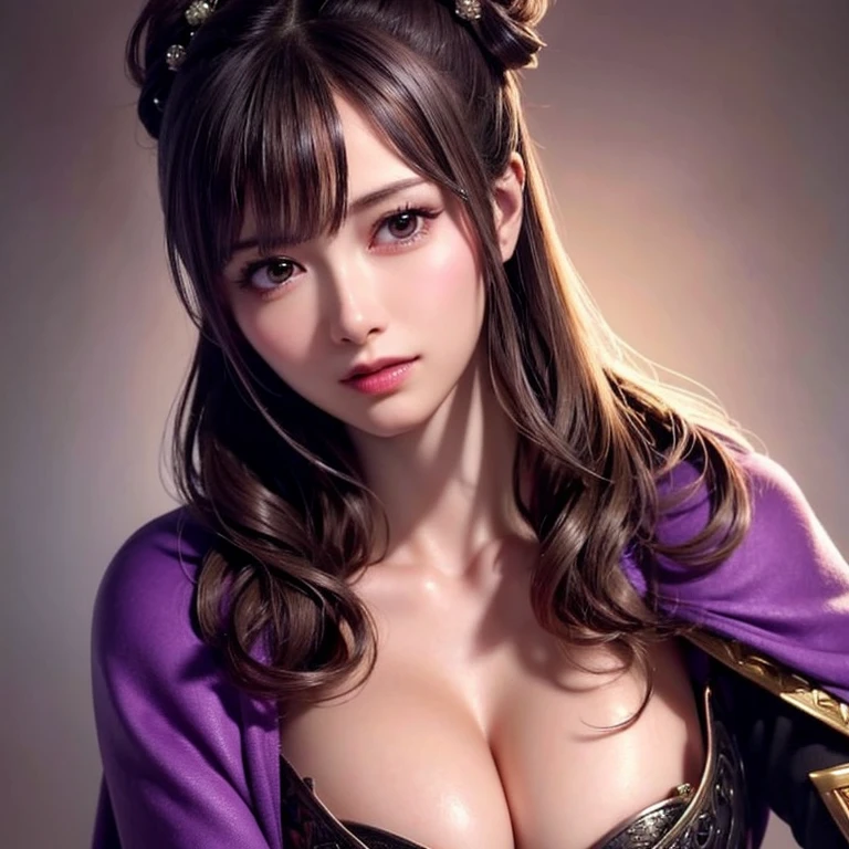 Close-up of a woman in armor and a purple cape, One person,Cute Ponytail,Large breasts and cleavage,Highly detailed face and skin texture,Looking into the camera,Perfect beauty: 1.4, fine grain,double eyelid, Whitening skin,Highest quality,Ultra-high resolution,Simple Background,, Chinese Warrior