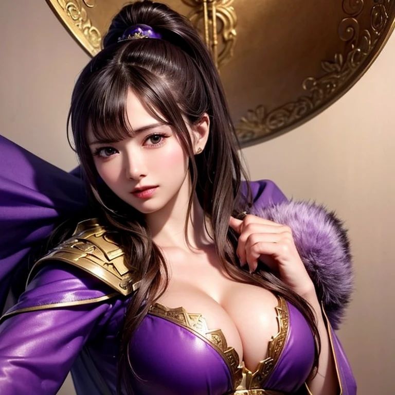 Close-up of a woman in armor and a purple cape, One person,Cute Ponytail,Large breasts and cleavage,Highly detailed face and skin texture,Looking into the camera,Perfect beauty: 1.4, fine grain,double eyelid, Whitening skin,Highest quality,Ultra-high resolution,Simple Background,, Chinese Warrior