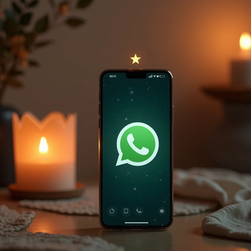 a smartphone with a WhatsApp conversation screen, a small Star of David at the top, suggesting the start of a conversation with you, on a table with cozy and elegant elements in the background, highly detailed, 8k, photorealistic, dramatic lighting, warm color tones, elegant, cozy, inviting, minimalist, muted colors, clean, simple, seamless, perfect composition, masterpiece, stunning, award-winning, museum quality, professional