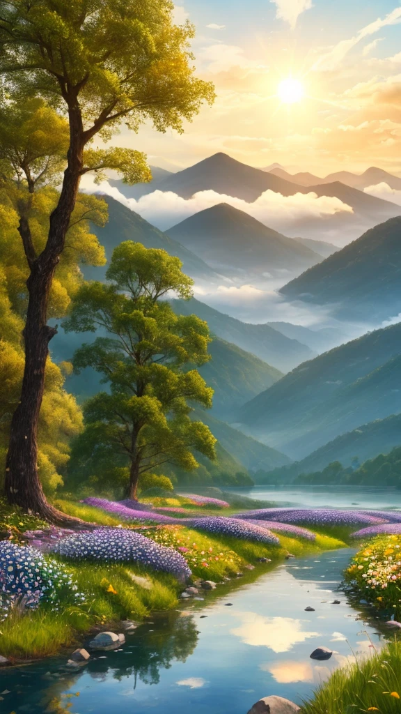 There is a forested plain nearby.,Flowers bloom on the plains,There is a lake,There are stones,hazy mountain in the distance々i can see,The sky was filled with clouds,The sun rises,Starlight,Watercolor Asters