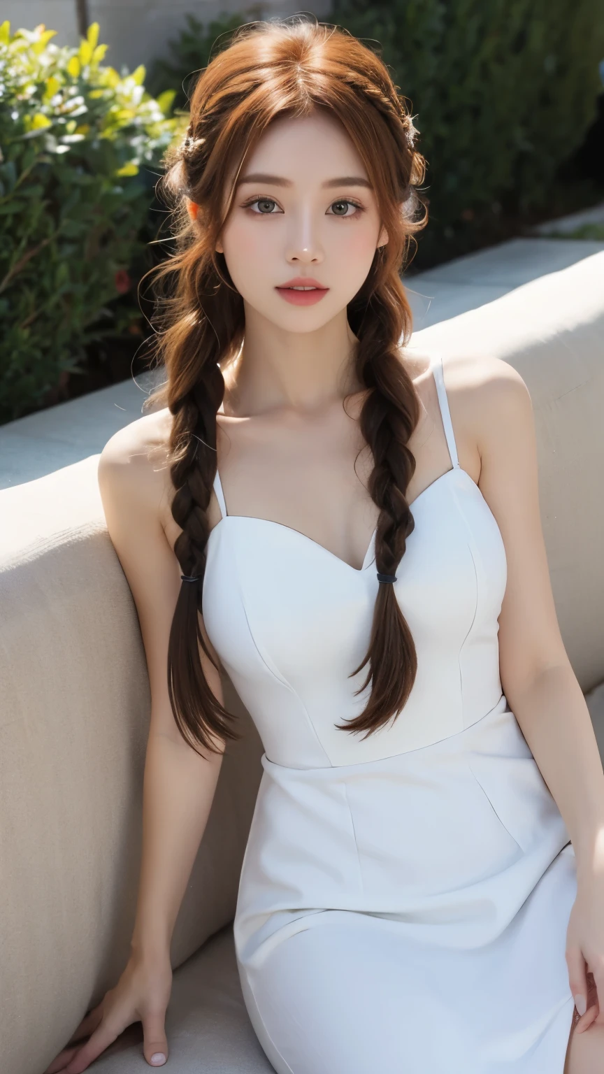 beautiful ginger girl with braided hair. wearing white satin dress