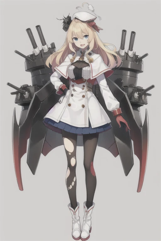 konggo \(warship girls r\),((Best quality))), ((Best quality))), ((Ultra-detailed)), ((illustration)), ((Disheveled hair)), ((frilld)), (1 girl), (Solo),1girl, ahoge, black legwear, blonde hair, blue eyes, boots, breasts, buttons, capelet, damaged, double-breasted, dress, fire, gloves, hat, jacket, long hair, long sleeves, looking at viewer, medium breasts, multicolored clothes, open mouth, pantyhose, sheath, smoke, solo, standing, sword, torn clothes, torn legwear, weapon, white footwear, white gloves, white jacket, Renovation, torn