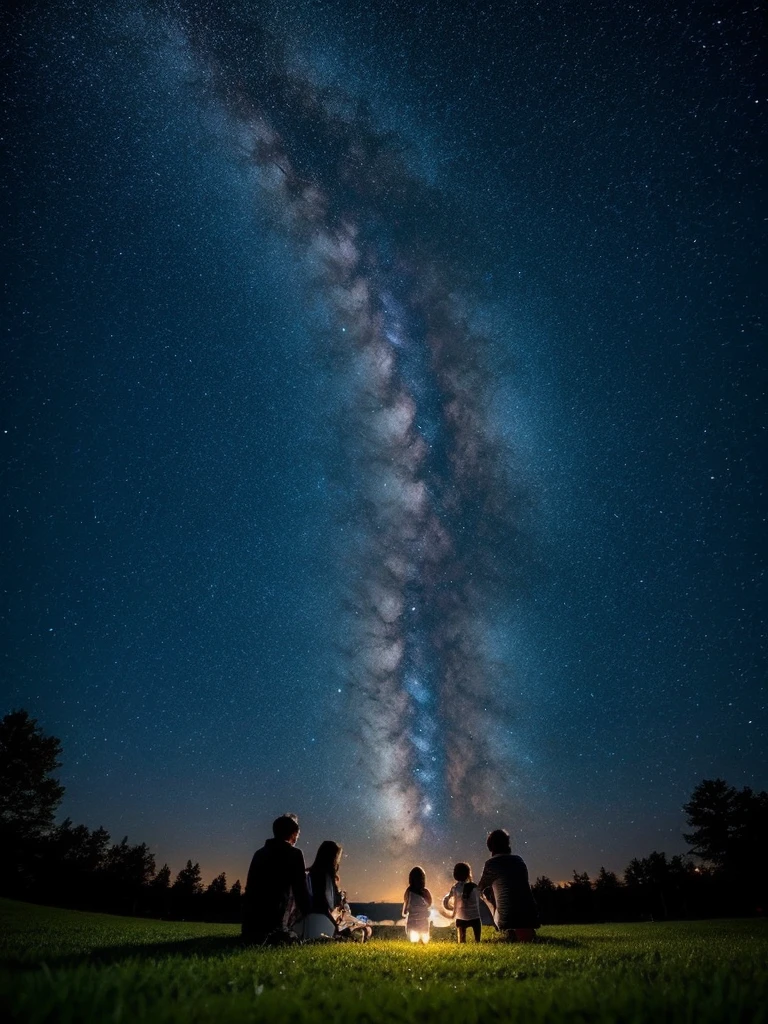 Parents and children looking up at the starry sky with smiles、Parents smile at their children on the grass