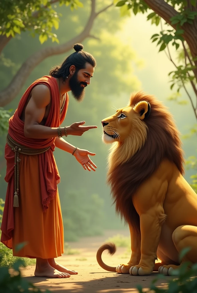 A man kneels in prayer before a mirror. The mirror reflects a majestic lion standing behind him. The man's expression reveals a mix of awe and bravery as he confronts this astonishing sight