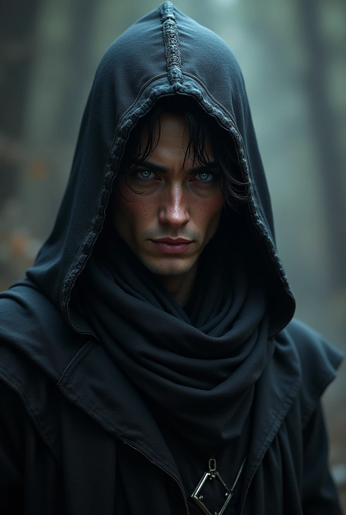 Dark Elf, copper skin, silver eyes, killer, high, mysterious, scarf, charismatic, masculine, short hair, handsome, hood